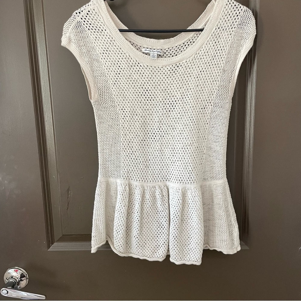 American Eagle Outfitters Cream Knit Blouse Peplum Cotton Size Small